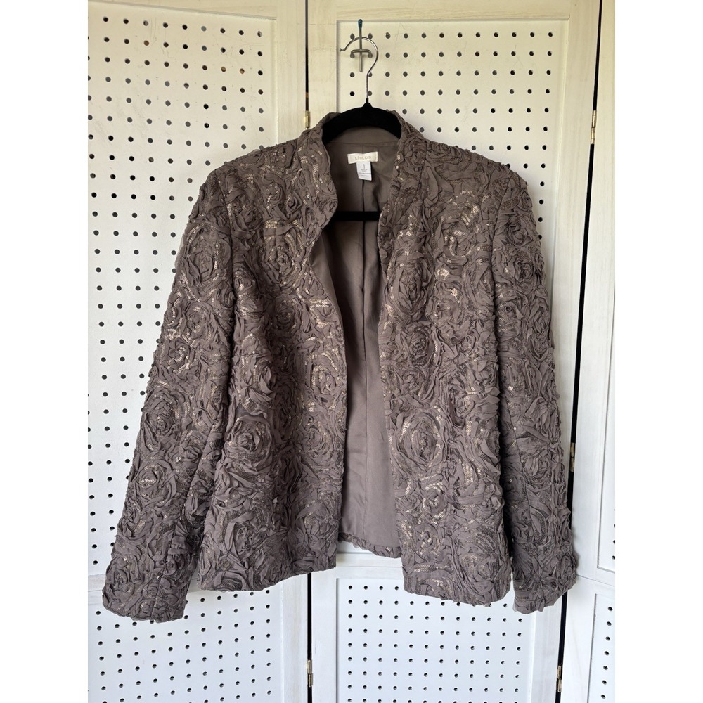 Chico's Embellished Sequin Blazer Brown Taupe Open Front Size 1 (M 8/10)